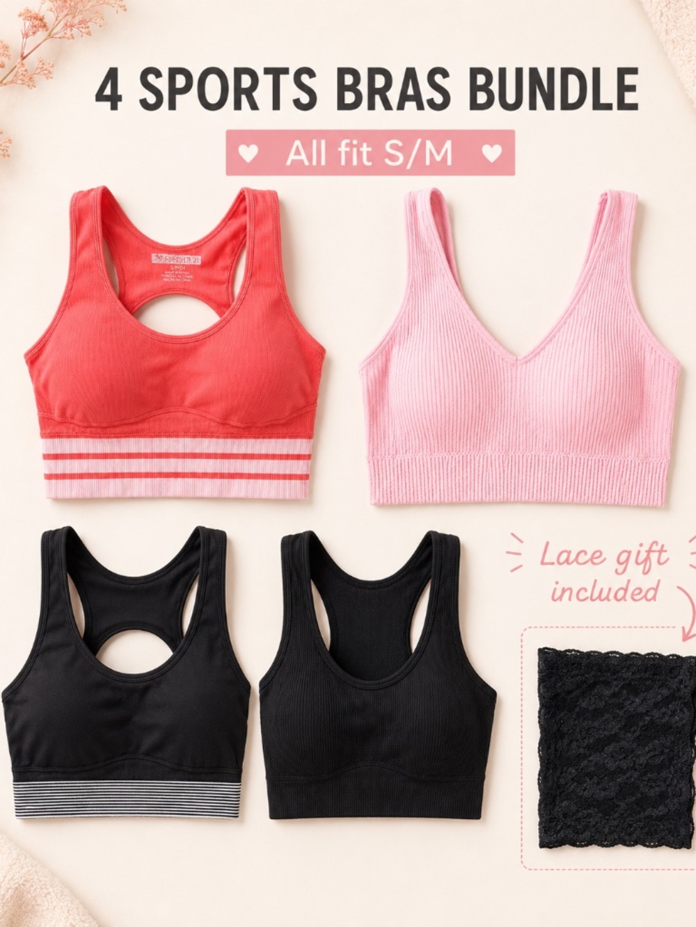 4 Sports Bras Bundle Size S/M + Lace Gift